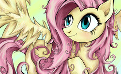 Size: 900x556 | Tagged: safe, artist:buckingawesomeart, fluttershy, pegasus, pony, g4, female, looking up, mare, messy mane, smiling, solo