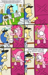 Size: 1000x1550 | Tagged: safe, pinkie pie, oc, oc:milky way, pony, g4, blushing, clothes, comic, female, freckles, hat, mare, milk, milk squirt, spanish, translated in the comments, translation