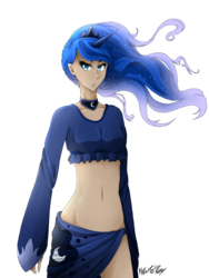 Size: 1500x2000 | Tagged: safe, artist:mylittelrosy, princess luna, human, g4, belly button, female, horn, horned humanization, humanized, midriff, simple background, solo