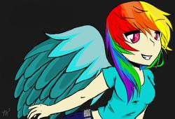 Size: 1024x698 | Tagged: safe, artist:madelinemad, rainbow dash, human, g4, female, humanized, solo, winged humanization