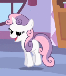 Size: 250x288 | Tagged: safe, screencap, sweetie belle, pony, unicorn, g4, season 1, stare master, animated, bouncing, carousel boutique, cropped, female, filly, hoofy-kicks, hopping, shelf, solo, window
