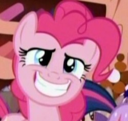 Size: 351x334 | Tagged: safe, screencap, pinkie pie, twilight sparkle, friendship is magic, g4, background pony, cropped, faic, grin, happy, pinkie's boring grin, reaction image, smiling