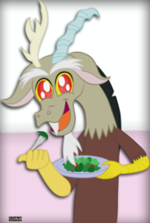 Size: 1095x1627 | Tagged: safe, artist:senx, discord, draconequus, g4, cute, discute, eating, food, looking at you, male, open mouth, salad, signature, smiling, smiling at you, solo