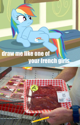 Size: 422x658 | Tagged: safe, edit, edited screencap, screencap, rainbow dash, human, pony, g4, caption, draw me like one of your french girls, female, food, france, horse meat, image macro, implied vore, male, mare, meat, pose, titanic