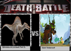 Size: 700x500 | Tagged: safe, spinosaurus, timber wolf, death battle, jurassic park, jurassic park 3, king timber wolf