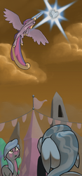 Size: 750x1601 | Tagged: safe, artist:enma-darei, elbow grease, paradise (g4), princess cadance, sapphire joy, crystal pony, pony, g4, the crystal empire, cloud, cloudy, crystal empire, crystal heart, flying, magic, scene interpretation