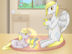 Size: 900x681 | Tagged: safe, artist:sanyamio, derpy hooves, dinky hooves, pegasus, pony, g4, equestria's best mother, female, magic, mare, playing with oneself