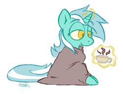 Size: 983x756 | Tagged: safe, artist:owl-eyes, lyra heartstrings, pony, g4, blanket, coffee, female, lidded eyes, magic, morning ponies, simple background, solo, telekinesis, white background