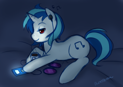 Size: 1414x1000 | Tagged: safe, artist:meltyvixen, dj pon-3, vinyl scratch, pony, unicorn, g4, coffee, earbuds, female, lying down, mp3 player, music, music notes, solo, vinyl's glasses