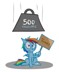 Size: 660x800 | Tagged: safe, artist:lazy, rainbow dash, pegasus, pony, ask dashed rainbow, g4, bandage, danger, dashabuse, dashed rainbow, female, followers, frown, imminent death, injured, mare, milestone, sign, simple background, thanks, transparent background, tumblr, weight