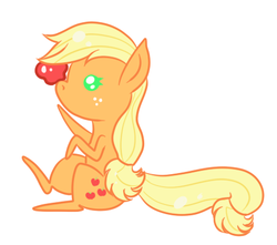 Size: 459x405 | Tagged: safe, artist:ponycide, applejack, earth pony, pony, g4, apple, cute, female, hatless, jackabetes, missing accessory, obligatory apple, pointy ponies, simple background, sitting, solo