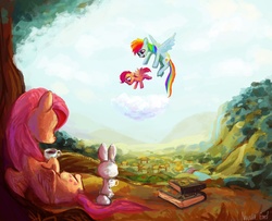 Size: 2394x1946 | Tagged: dead source, safe, artist:nayshie, angel bunny, fluttershy, rainbow dash, scootaloo, pegasus, pony, rabbit, g4, animal, book, cloud, cloudy, cottagecore, female, filly, flapping, flapping wings, flying, flying lesson, foal, hoof hold, mare, mug, ponyville, scootaloo can fly, scootalove, signature, sitting, tea, tree, wings