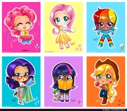 Size: 1089x960 | Tagged: safe, artist:shourimajo, applejack, fluttershy, pinkie pie, rainbow dash, rarity, twilight sparkle, human, g4, chibi, dark skin, humanized, mane six