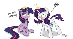 Size: 2200x1200 | Tagged: dead source, safe, artist:xcopyen002, rarity, twilight sparkle, pony, unicorn, g4, angry, female, prank, rarity is not amused, simple background, twilight sparkle is not amused, unamused, unicorn twilight