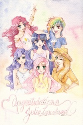 Size: 535x800 | Tagged: safe, artist:wickedz, applejack, fluttershy, pinkie pie, rainbow dash, rarity, twilight sparkle, human, g4, humanized, mane six, traditional art