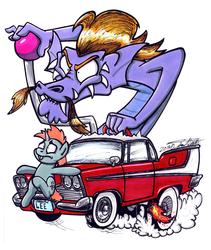 Size: 2680x3168 | Tagged: safe, artist:sketchywolf-13, snips, steven magnet, pony, serpent, unicorn, g4, 2013, car, christine, controller, fire, hilarious in hindsight, ignition, joystick, lee tockar, plymouth, plymouth fury, rat fink, simple background, smoke, voice actor joke