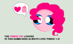 Size: 626x381 | Tagged: dead source, safe, pinkie pie, g4, :3, bust, derp, english, green background, head only, heart, portrait, simple background, solo, speech bubble, text