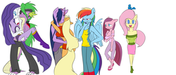 Size: 7000x3000 | Tagged: safe, artist:artsygum, applejack, fluttershy, pinkie pie, rainbow dash, rarity, spike, twilight sparkle, anthro, g4, female, lesbian, male, mane seven, mane six, ship:sparity, ship:twijack, shipping, straight