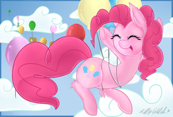 Size: 1378x934 | Tagged: safe, artist:missrenakitsune, pinkie pie, earth pony, pony, g4, balloon, female, floating, laughing, mare, sky, solo, then watch her balloons lift her up to the sky