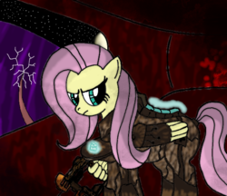 Size: 588x509 | Tagged: safe, artist:flutteranderson, fluttershy, g4, crossover, dead space, plasma cutter, rig (dead space)