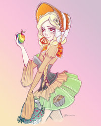 Size: 800x1000 | Tagged: safe, artist:noflutter, granny smith, human, g4, basket, bonnet, clothes, corset, female, humanized, skirt, solo, young granny smith, younger, zap apple