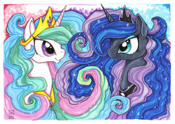 Size: 1024x731 | Tagged: safe, artist:kattvalk, princess celestia, princess luna, g4, marker drawing, traditional art