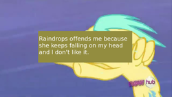 Size: 500x281 | Tagged: safe, screencap, sunshower raindrops, offensive ponies, g4, b.j. thomas, meta, raindrops keep falling on my head, song reference, text