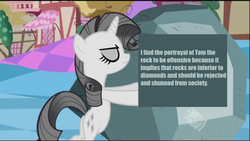 Size: 500x281 | Tagged: safe, screencap, rarity, tom, pony, unicorn, offensive ponies, g4, the return of harmony, discorded, discorded landscape, eyes closed, female, greedity, mare, meta, rock, text