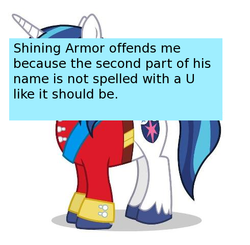 Size: 490x480 | Tagged: safe, shining armor, offensive ponies, g4, british, canadian, meta, spelling, text, tumblr