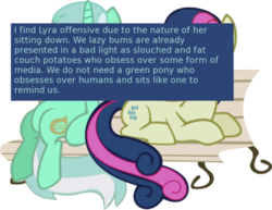 Size: 500x386 | Tagged: safe, bon bon, lyra heartstrings, sweetie drops, earth pony, pony, unicorn, offensive ponies, g4, bench, female, mare, meta, simple background, sitting, sitting lyra, text, transparent background
