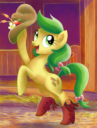 Size: 1500x1987 | Tagged: safe, artist:yulyeen, apple fritter, earth pony, pony, g4, apple family member, boots, cottagecore, happy, hat, hoof boots, ribbon, solo