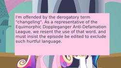 Size: 500x281 | Tagged: safe, edit, edited screencap, screencap, queen chrysalis, shining armor, changeling, offensive ponies, a canterlot wedding, g4, caption, fake cadance, meta, racism, text