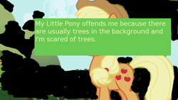 Size: 500x281 | Tagged: safe, applejack, offensive ponies, g4, meta, text, tree