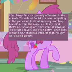 Size: 500x500 | Tagged: safe, screencap, berry punch, berryshine, offensive ponies, call of the cutie, g4, animation error, meta, text