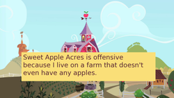 Size: 500x281 | Tagged: safe, edit, edited screencap, screencap, offensive ponies, g4, meta, sweet apple acres, text