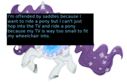 Size: 500x331 | Tagged: safe, artist:lauren faust, edit, rarity, pony, unicorn, offensive ponies, g4, female, mare, meta, saddle, simple background, solo, text, transparent background