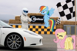 Size: 630x420 | Tagged: safe, artist:normanb88, fluttershy, rainbow dash, human, pegasus, pony, g4, car, checkered flag, eyes closed, female, flutteryay, flying, mare, ponies in real life, the stig, top gear