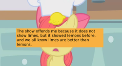 Size: 630x342 | Tagged: safe, screencap, apple bloom, earth pony, pony, offensive ponies, call of the cutie, g4, lemon, meta, text