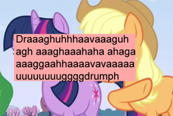 Size: 500x335 | Tagged: safe, screencap, applejack, twilight sparkle, offensive ponies, g4, gibberish, linguini-ist required, meta, text, wat