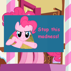 Size: 500x500 | Tagged: safe, screencap, pinkie pie, offensive ponies, baby cakes, g4, comic sans, meta, text
