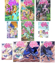 Size: 1522x1742 | Tagged: safe, idw, official comic, apple bloom, applejack, derpy hooves, fluttershy, nightmare moon, pinkie pie, princess celestia, princess luna, queen chrysalis, rainbow dash, rarity, spike, sweetie belle, tank, twilight sparkle, pegasus, pony, g4, cover, female, mare