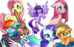 Size: 1500x965 | Tagged: safe, artist:racoonsan, angel bunny, applejack, fluttershy, pinkie pie, princess celestia, rainbow dash, rarity, twilight sparkle, alicorn, earth pony, pegasus, pony, rabbit, unicorn, g4, magical mystery cure, animal, bag, cauldron, crying, cute, female, mare, mouth hold, person as food, pinkamena diane pie, rope, swapped cutie marks, sweat, tied up, twilight sparkle (alicorn)