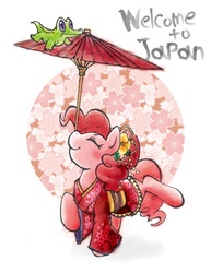 Size: 591x765 | Tagged: safe, artist:hobilo, gummy, pinkie pie, g4, abstract background, balancing, blushing, clothes, cute, diapinkes, dress, female, flower, japan, kimono (clothing), pixiv, ponies balancing stuff on their nose, solo, umbrella