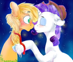 Size: 1200x1024 | Tagged: safe, artist:bluehtheassasin, applejack, rarity, g4, accessory swap, blushing, female, hat, hat swap, lesbian, ship:rarijack, shipping, unshorn fetlocks