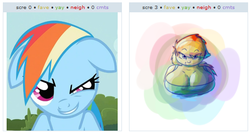 Size: 529x283 | Tagged: safe, artist:secretgoombaman12345, rainbow dash, human, g4, breasts, busty rainbow dash, cleavage, exploitable meme, fat, fat boobs, female, humanized, juxtaposition, juxtaposition win, sketch