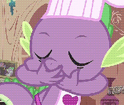 Size: 400x340 | Tagged: safe, artist:rubypinch, spike, dragon, g4, animated, apron, chef's hat, clothes, eating, gem, golden oaks library, hat, le ruse master, male, naked apron, solo, trollface, trollspike