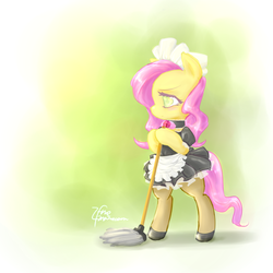 Size: 1000x1000 | Tagged: safe, artist:ifthemainecoon, fluttershy, pony, g4, bipedal, clothes, costume, dress, female, fluttermaid, maid, mare, mop, skirt, solo