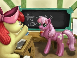 Size: 1500x1133 | Tagged: safe, artist:zevironmoniroth, apple bloom, cheerilee, earth pony, pony, g4, apple, book, chalkboard, classroom, desk, duo, duo female, female, filly, mare, ponyville schoolhouse, school, teacher and student