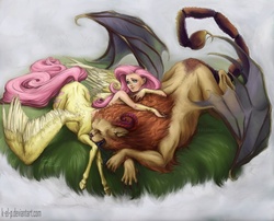 Size: 1024x829 | Tagged: safe, artist:k-el-p, fluttershy, manny roar, centaur, manticore, taur, g4, casual nudity, centaurshy, cuddling, cute, elf ears, eyes closed, female, fluffy, grass, licking, nudity, open mouth, prone, realistic, smiling, snuggling, spread wings, tongue out