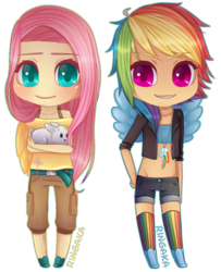 Size: 899x1108 | Tagged: safe, artist:ringabutt, angel bunny, fluttershy, rainbow dash, human, g4, chibi, clothes, female, humanized, simple background, transparent background, winged humanization